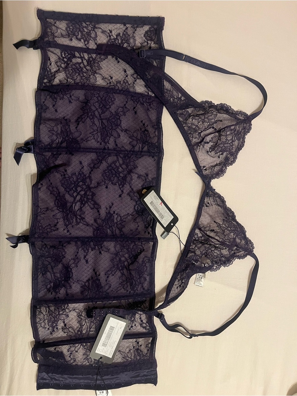 GORGEOUS Emporio Armani Dark Purple Lace Bralette with Garter Belt